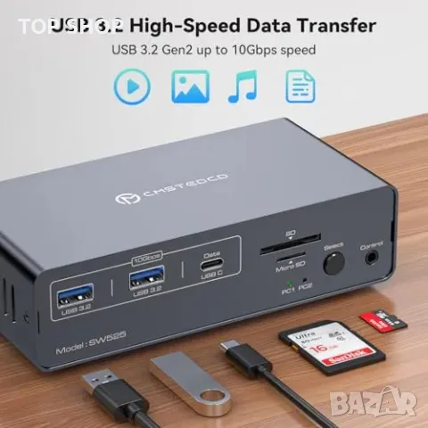 Нов KVM превключвател 4K@120Hz двойни монитори USB-C докинг станция, снимка 4 - Друга електроника - 49239279