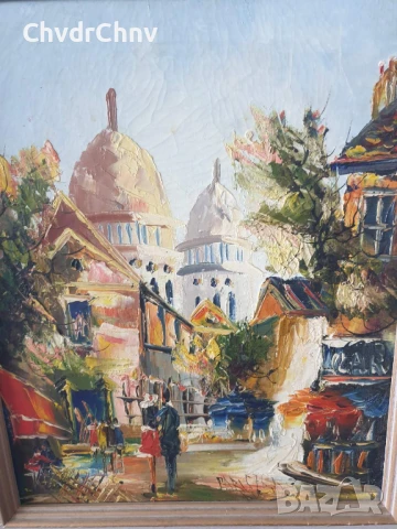 49х41см/малка стара картина масло върху платно/градски пейзаж-църква/дървена рамка, снимка 2 - Картини - 50853143