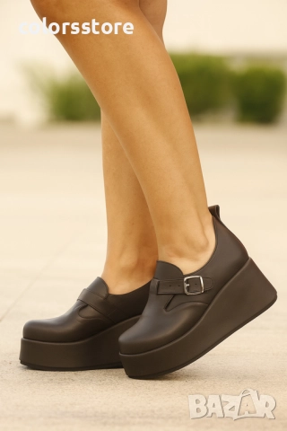 Обувки на платформа - черна кожа с черно ходило - KV25 