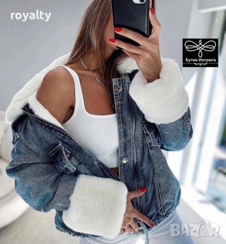 СИНЬО ДЪНКОВО ЯКЕ С БЯЛ ПУХ, снимка 3 - Якета - 52648364