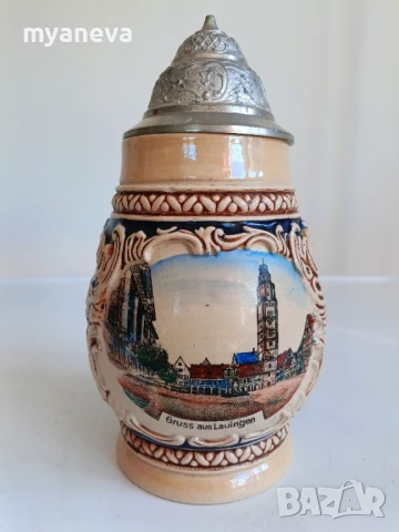 Халба за бира, немска с богата орнаментика и метален капак . , снимка 3 - Чаши - 50819969