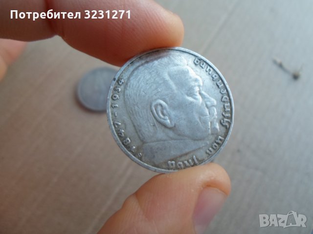 2 сребърни монети,5 РАЙХСМАРКИ/1936,2 ЛЕИ/1910, снимка 3 - Нумизматика и бонистика - 35037140