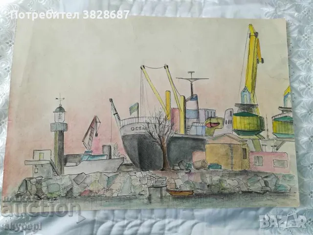 Акварел на картон Пристанище, снимка 2 - Картини - 48277398