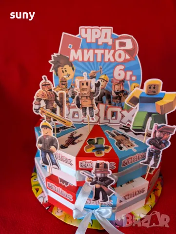 Картонена торта Роблокс, кутийки, покани,балони,маски,шапки,покривка, снимка 6 - Други - 49444852