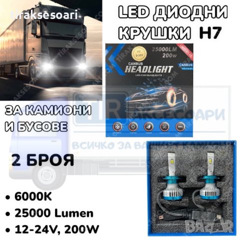 LED Диодни крушки за камиони, бусове H7 200W 12-24V +200%, снимка 4 - Аксесоари и консумативи - 40271525