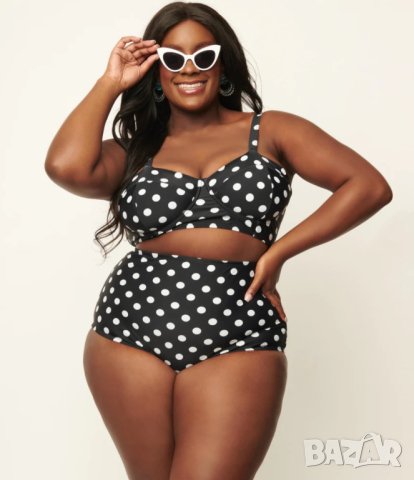 Nice size 100 C/ XL-Нов бански черен на бели точки с много висока талия , снимка 5 - Бански костюми - 40553187