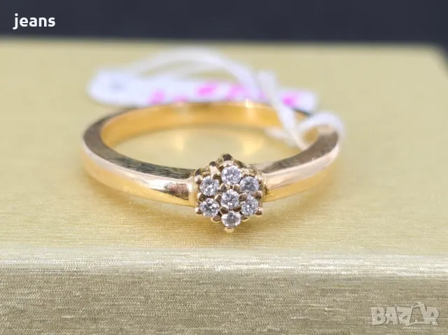 Златен пръстен 18к диаманти 0.08кт. р-р 17.7мм, снимка 2 - Пръстени - 48765791