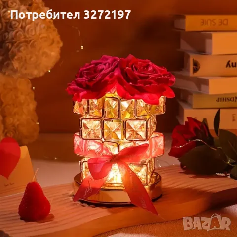 Червена Роза USB,Димируема Настолна Лампа от Розов Кристал, снимка 1