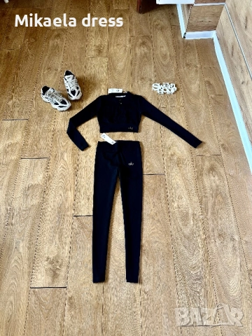 Разкошен сет за спорт от стегната оформяща материя Alo. Черен цвят, подходящ за спорт и активно движ, снимка 1