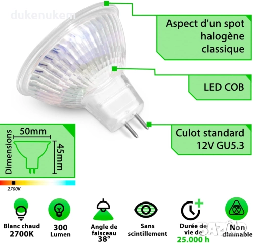 LED крушки GU5.3 3W, MR16, топлобяло, 38° 12V, 8 бр, снимка 7 - Лед осветление - 51592166