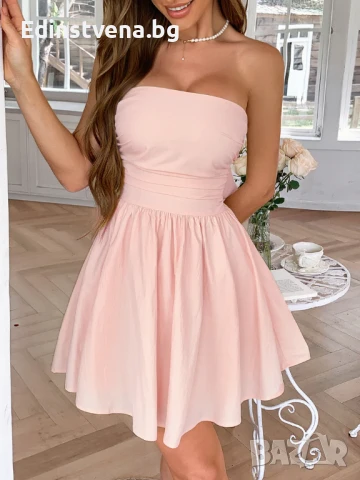 Дамска елегантна розова къса рокля без презрамки, с голяма панделка на гърба