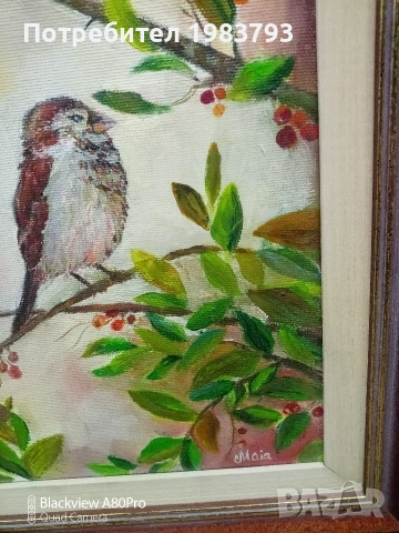 Маслена авторска картина с врабчета., снимка 4 - Картини - 53469901