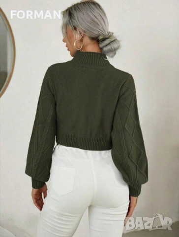 Зелена блуза с плетеници, снимка 2 - Блузи с дълъг ръкав и пуловери - 53113381