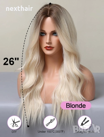 Светло руса омбре перука с тъмни корени на път, снимка 3 - Аксесоари за коса - 52442128