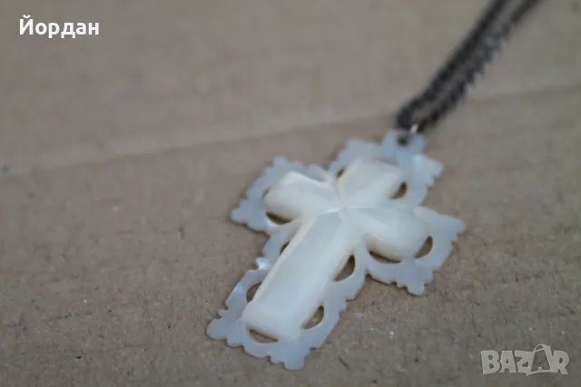 Седефен кръст  със сребърен синджир, снимка 2 - Колиета, медальони, синджири - 47990423