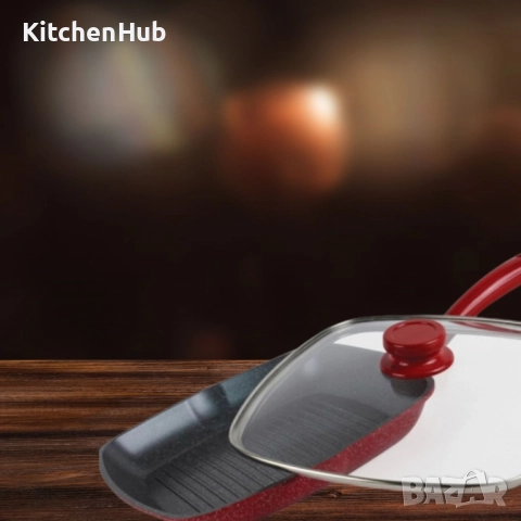 Тиган грил с капак ,Мраморно покритие, индукция, Червен, снимка 5 - Съдове за готвене - 52125227