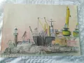 Акварел на картон Пристанище, снимка 2