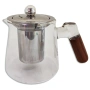 Стъклен огнеупорен чайник-кана с инфузер, с дървена дръжка, 500мл,Прозрачен , снимка 2