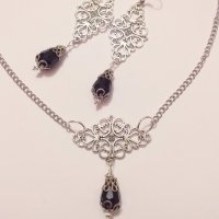 Разкошен Викториански комплект с Черни кристали и филигрирани орнаменти в цвят Сребро, снимка 5 - Бижутерийни комплекти - 28257261