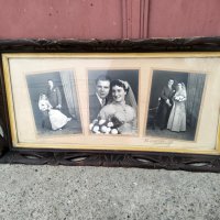 Антикварна дървена рамка с триптична сватбена снимка, снимка 1 - Антикварни и старинни предмети - 43998698