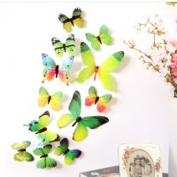 3D 12 бр pvc Зелени пеперуди на фон цветя самозалепващи пеперуди декорация за стена и мебел, снимка 1 - Други - 32366151