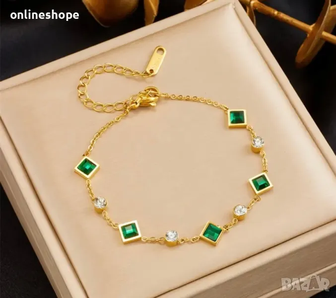 Златиста гривна от неръждаема стомана със зелени цирконии , снимка 1