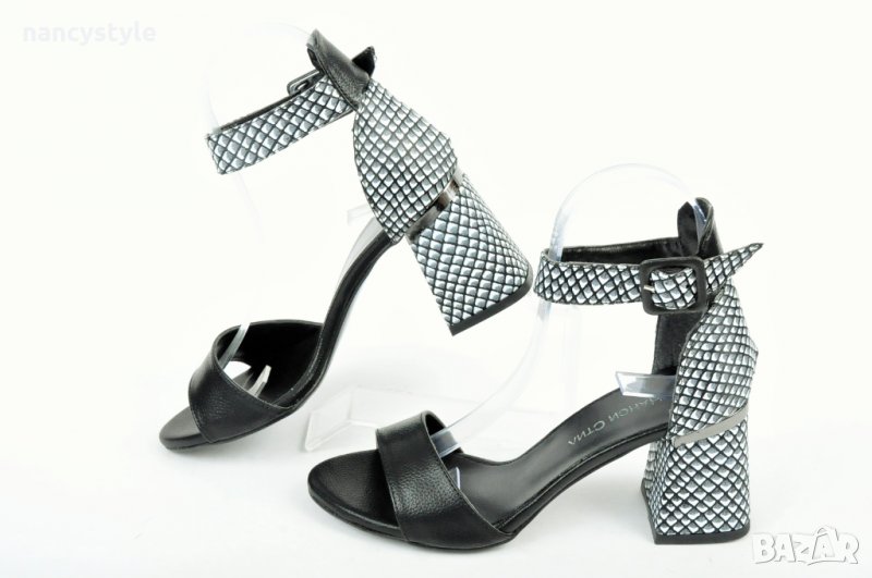 Елегантни дамски сандали с широк ток - Черни -Нанси, снимка 1