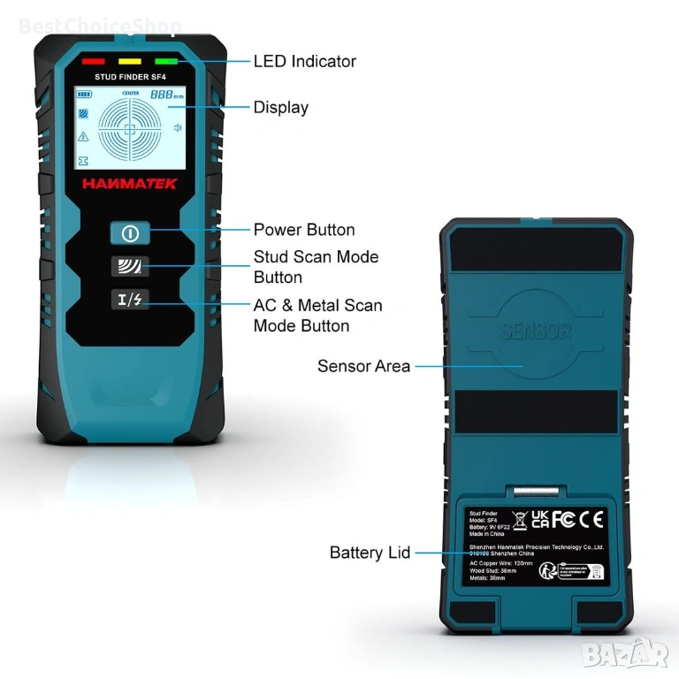 HANMATEK 5 в 1 детектор на стени с интелигентен сензор и LCD дисплей, снимка 1