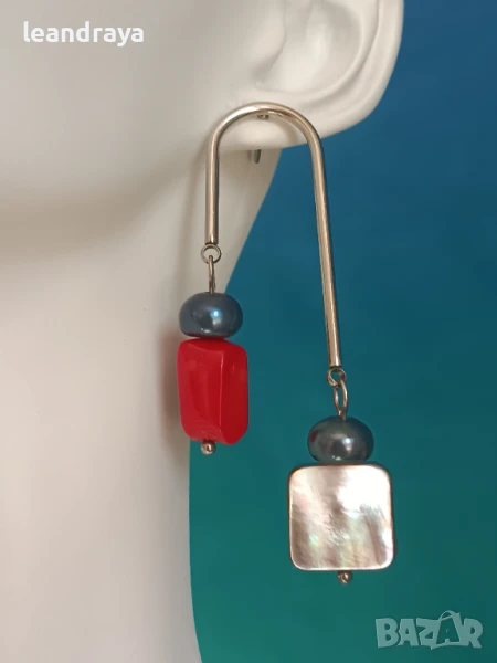 Обици корал, седеф и перли, снимка 1