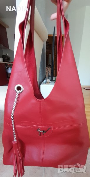 Червена чанта от естествена кожа, снимка 1