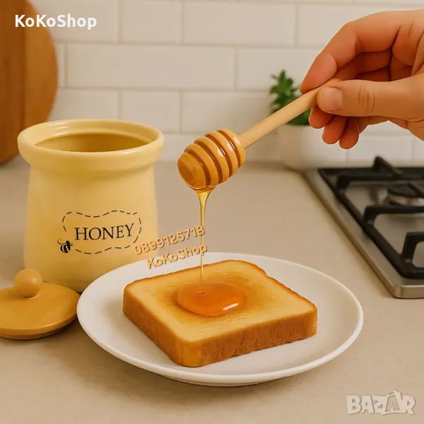 Буркан за мед с дървен капак и лъжичка-465 мл./буркан за мед, снимка 1