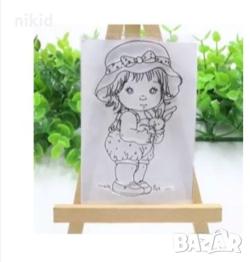 Момиченце със зайче малък силиконов гумен печат декор украса бисквитки фондан  scrapbooking, снимка 1