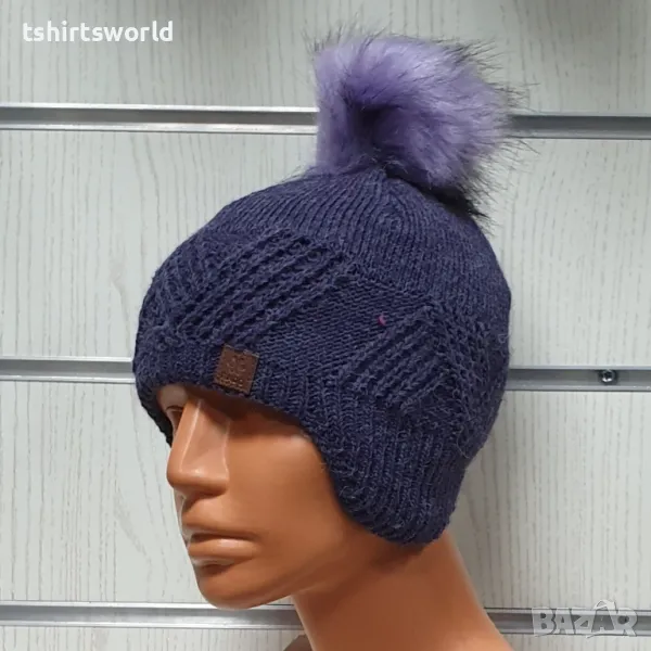 Нова детска зимна шапка тип ушанка с помпон в лилав цвят, снимка 1