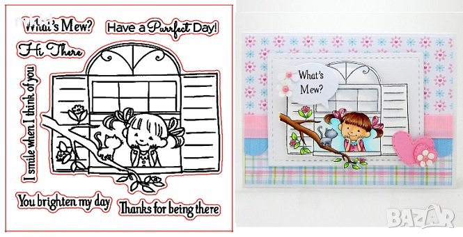 Момиченце през прозорец силиконов гумен печат декор бисквитки фондан Scrapbooking, снимка 1