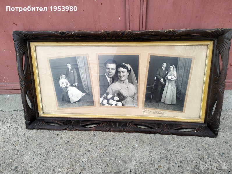 Антикварна дървена рамка с триптична сватбена снимка, снимка 1
