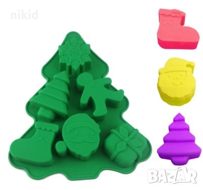Елха с различни едри коледни фигури силиконов молд форма фондан гипс шоколад, снимка 1