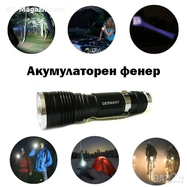 Джобен ръчен акумулаторен LED фенер зареждаща се батерия 18650 за къмпинг лов риболов палатка мощен, снимка 1