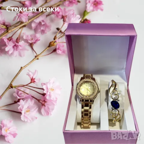 Луксозен дамски комплект – елегантен часовник и изискана гривна със скъпоценни камъни, снимка 1
