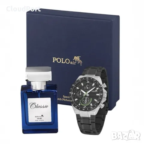  Мъжки комплект, 55 мл Парфюм и часовник, Polo Air, Черно