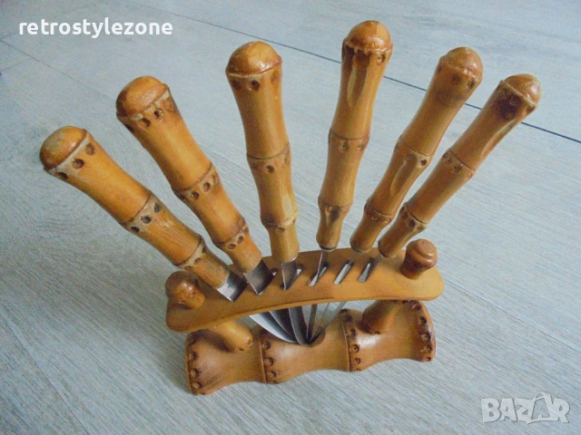 № 8155 Стар комплект ножчета FORON с бамбукови дръжки и стойка  