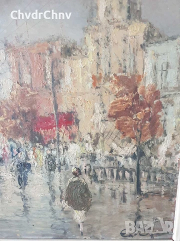 84х65см/голяма стара картина масло върху фазер/градски пейзаж-карета/дървена рамка, снимка 4 - Картини - 51177197