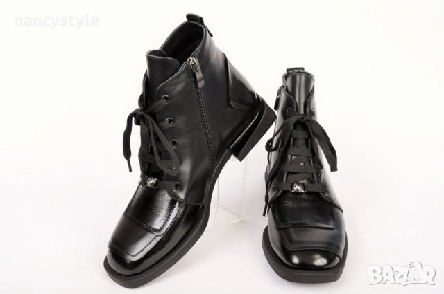 НОВО! Ниски дамски боти от естествена кожа и лак, снимка 2 - Дамски боти - 52289301