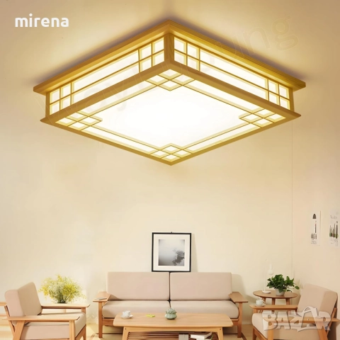 Дървен полилей ЛЕД LED, японски стил, квадратна, дистанционно 215, снимка 2 - Лампи за таван - 51536373