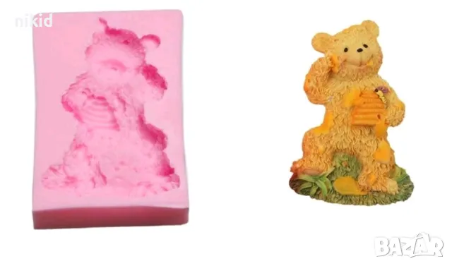 Мече Мочок яде мед силиконов молд форма фондан шоколад смола гипс декор, снимка 2 - Форми - 49092805