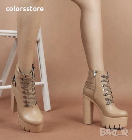 Боти на ток - бежова кожа с бежово ходило - BT14