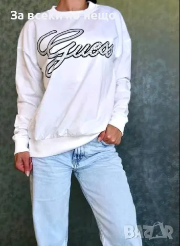 Дамска памучна блуза с дълъг ръкав с лого с камъни Guess - 2 налични цвята, снимка 2 - Блузи с дълъг ръкав и пуловери - 48226464