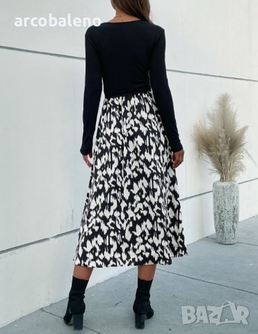 Дамска контрастна цветна рокля с V-образно деколте и дълги ръкави - 023, снимка 2 - Рокли - 39248182