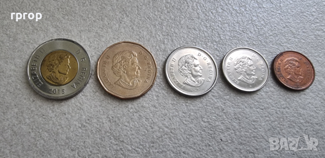Монети . Канада .1 , 5  и 25 цента.  1 и 2 долара. 5 бройки.