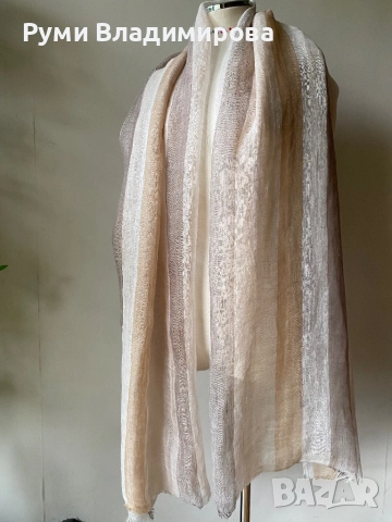 Бежов шал Zara от лен, снимка 8 - Шалове - 52770415
