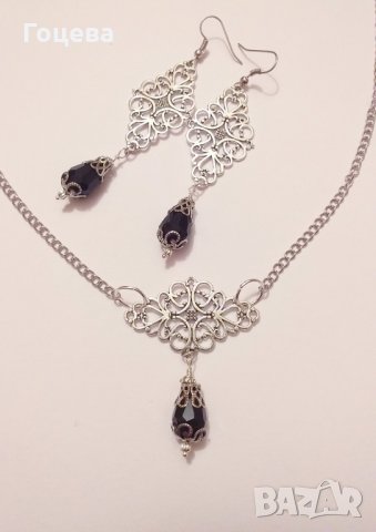 Разкошен Викториански комплект с Черни кристали и филигрирани орнаменти в цвят Сребро, снимка 5 - Бижутерийни комплекти - 28257261
